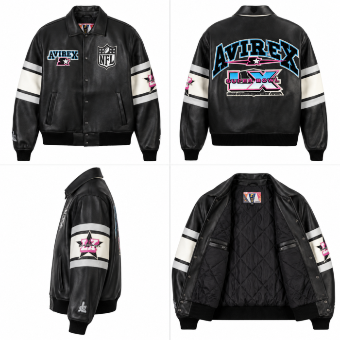 Avirex Super Bowl LX Black Leather Bomber Jacket | Blackstone Jackets