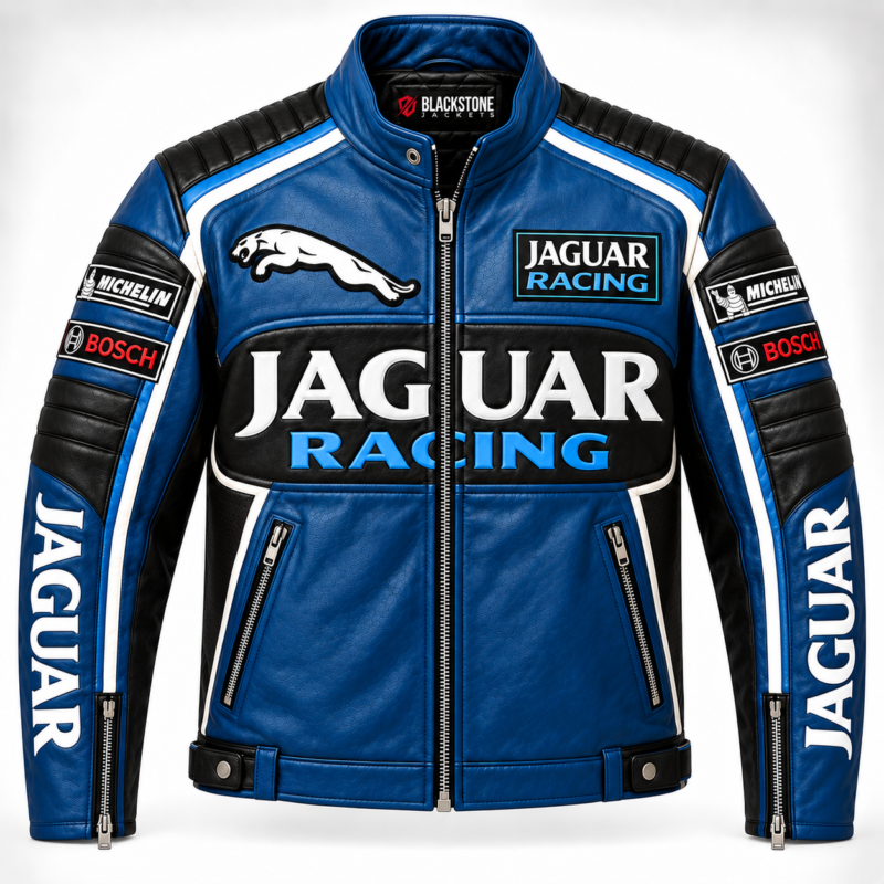 Jaguar Racing Blue Men’s Leather Motorcycle Jacket | Blackstone Jackets