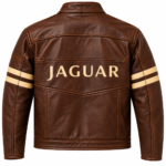Jaguar Brown Leather Racing Jacket with Cream Stripes | Blackstone Jackets