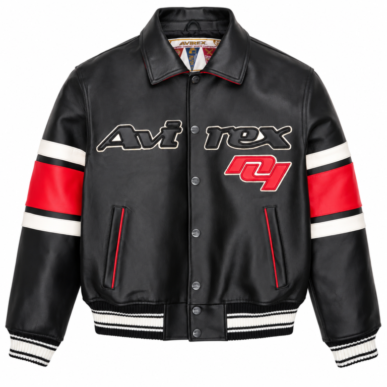 Avirex Black and Red Leather Racing Varsity Bomber Jacket | Blackstone Jackets