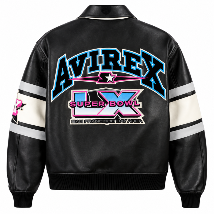 Avirex Super Bowl LX Black Leather Bomber Jacket | Blackstone Jackets