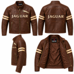 Jaguar Brown Leather Racing Jacket with Cream Stripes | Blackstone Jackets
