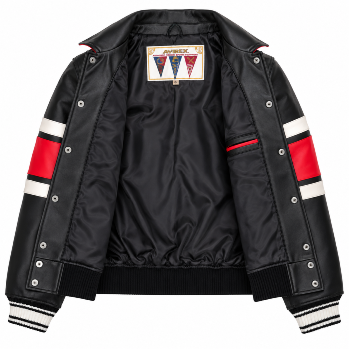 Avirex Black and Red Leather Racing Varsity Bomber Jacket | Blackstone Jackets