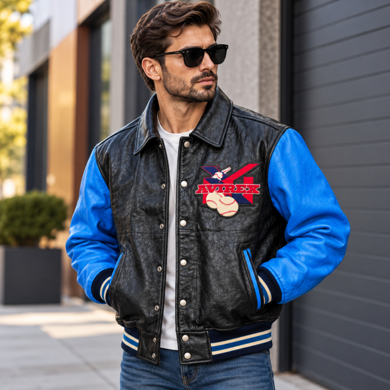 Avirex 1977 Season Black & Blue Men's Leather Baseball Varsity Jacket | Blackstone Jackets