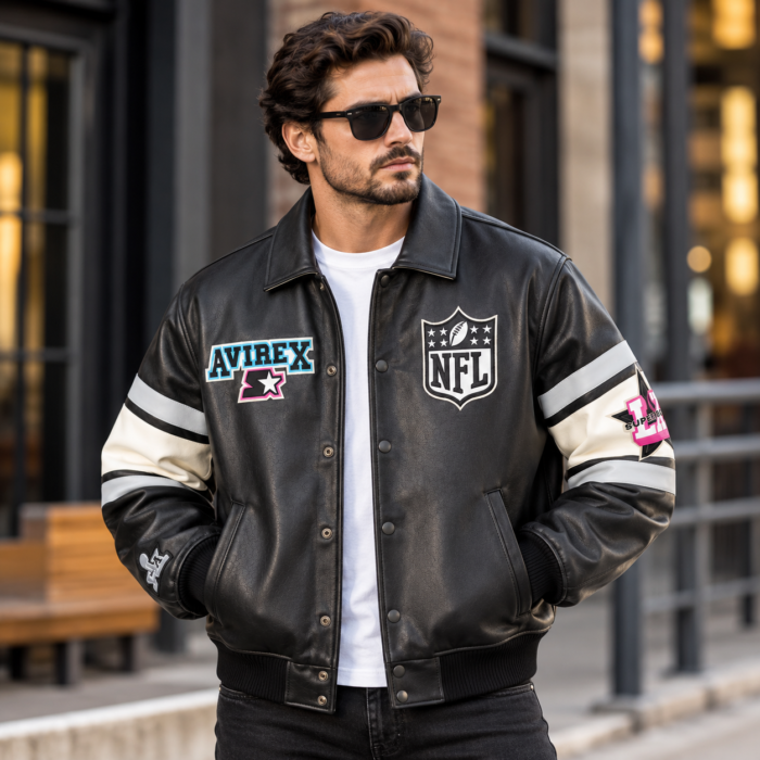 Avirex Super Bowl LX Black Leather Bomber Jacket | Blackstone Jackets