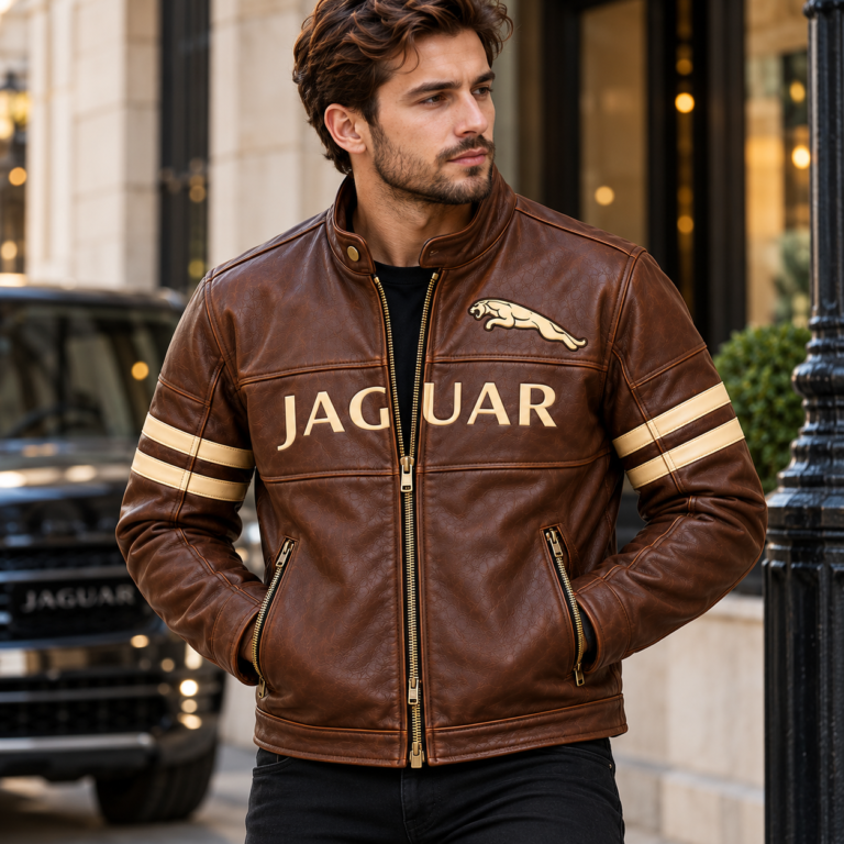Jaguar Brown Leather Racing Jacket with Cream Stripes | Blackstone Jackets