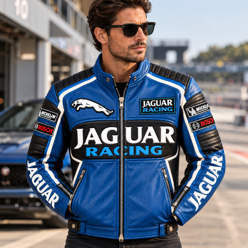 Jaguar Racing Blue Men’s Leather Motorcycle Jacket | Blackstone Jackets