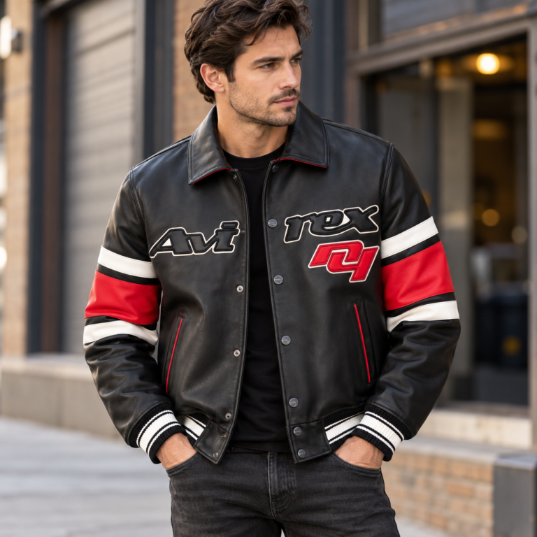 Avirex Black and Red Leather Racing Varsity Bomber Jacket | Blackstone Jackets