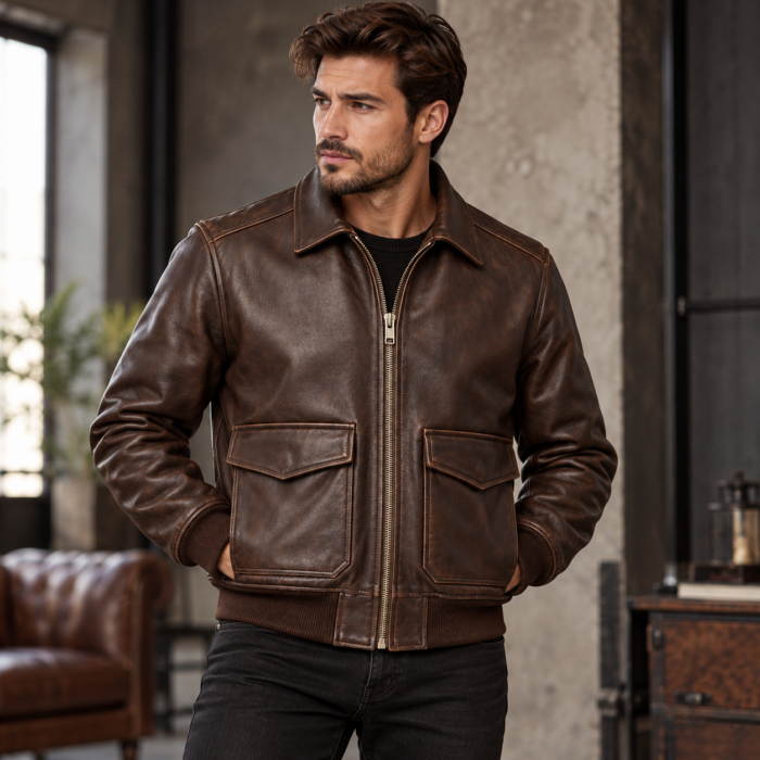 Hawk Dark Brown Men's A-2 Flight Leather Jacket | Blackstone Jackets