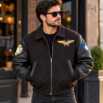 Avirex 43 Black Men's Varsity Bomber Jacket with Leather Sleeves | Blackstone Jackets