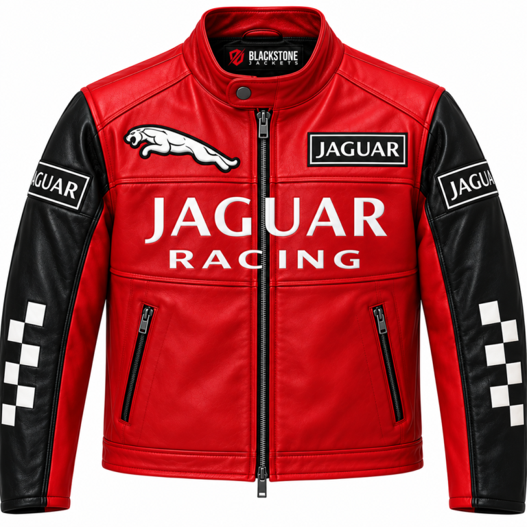 Jaguar Racing Red and Black Leather Biker Jacket | Blackstone Jackets