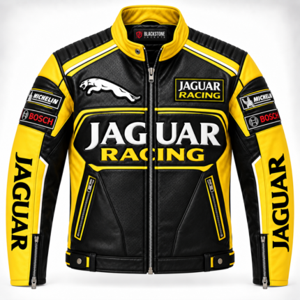 Yellow & Black Jaguar Racing Leather Biker Jacket | Blackstone Jackets