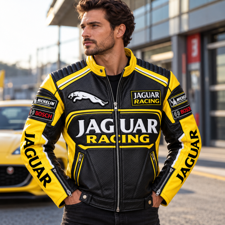 Yellow & Black Jaguar Racing Leather Biker Jacket | Blackstone Jackets