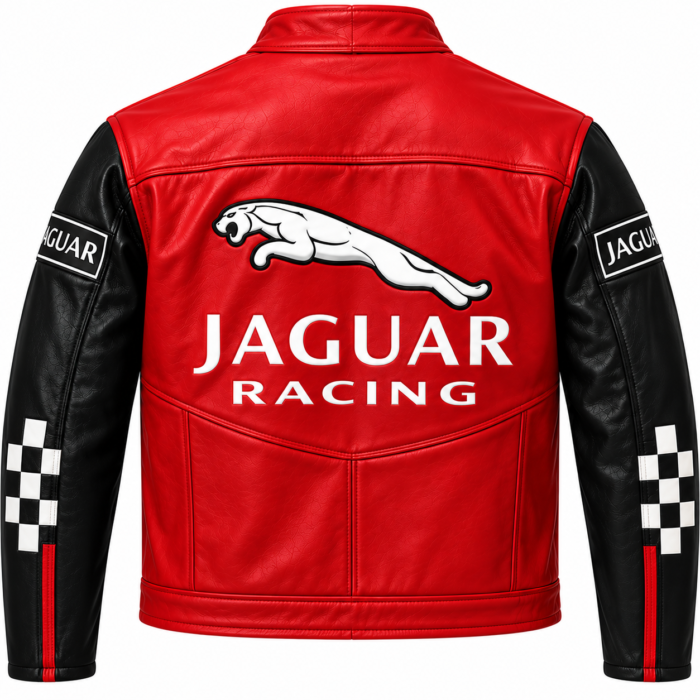 Jaguar Racing Red and Black Leather Biker Jacket | Blackstone Jackets