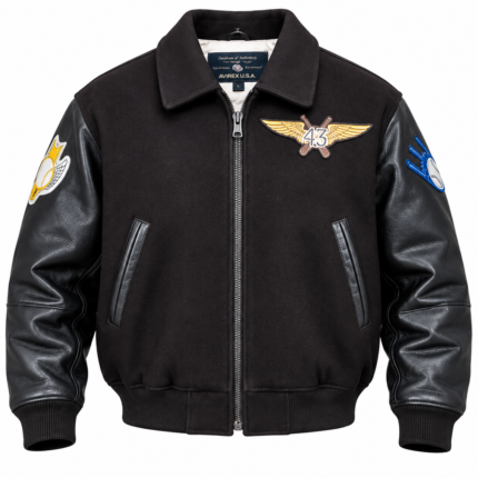 Avirex 43 Black Men's Varsity Bomber Jacket with Leather Sleeves | Blackstone Jackets