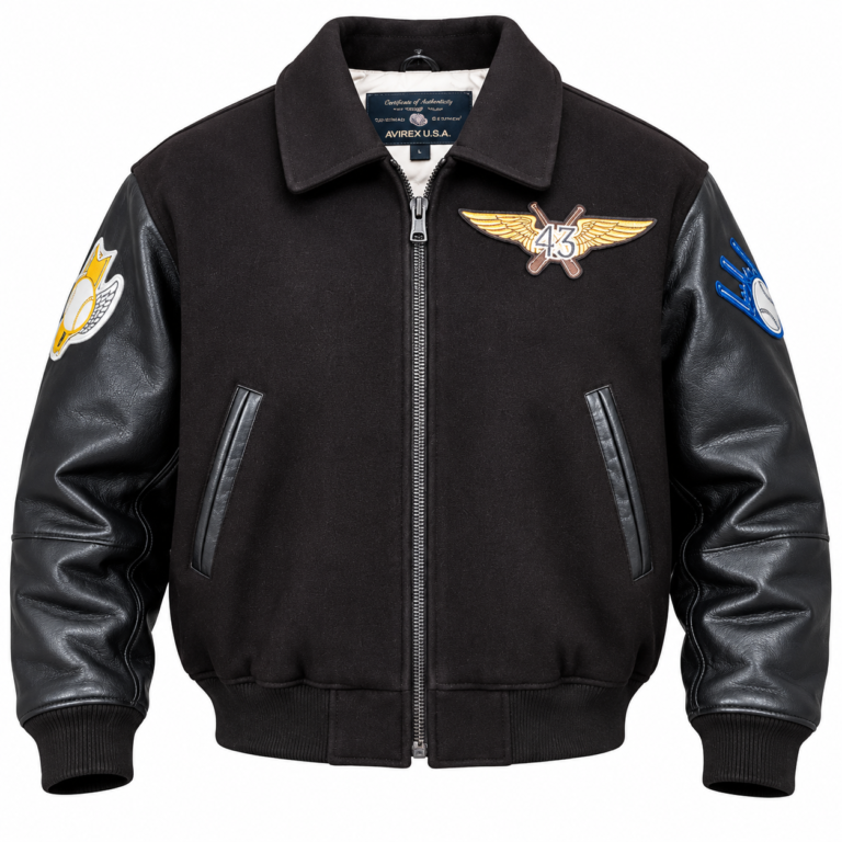 Avirex 43 Black Men's Varsity Bomber Jacket with Leather Sleeves | Blackstone Jackets