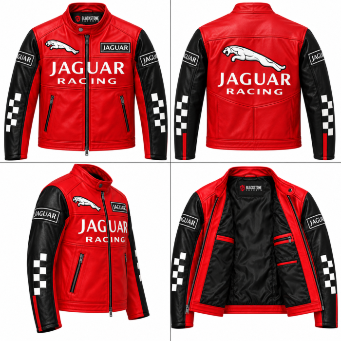 Jaguar Racing Red and Black Leather Biker Jacket | Blackstone Jackets