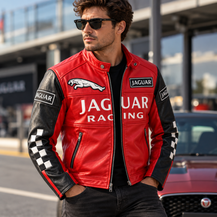 Jaguar Racing Red and Black Leather Biker Jacket | Blackstone Jackets