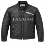 Jaguar Black Leather Cafe Racer Jacket with Logo Design | Blackstone Jackets