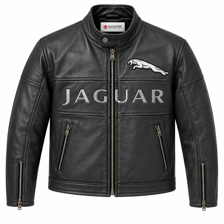 Jaguar Black Leather Cafe Racer Jacket with Logo Design | Blackstone Jackets