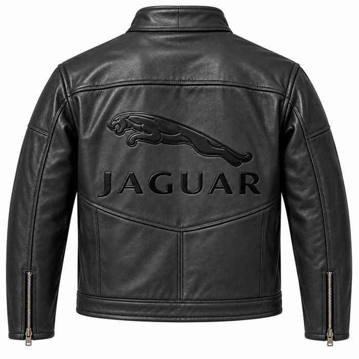 Jaguar Black Leather Cafe Racer Jacket with Logo Design | Blackstone Jackets