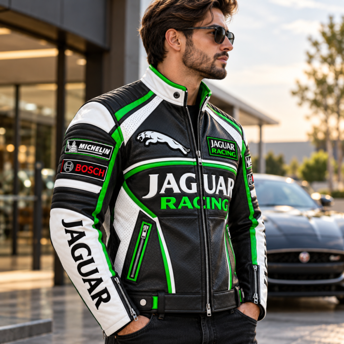 Jaguar Racing Black White Green Leather Motorcycle Jacket | Blackstone Jackets