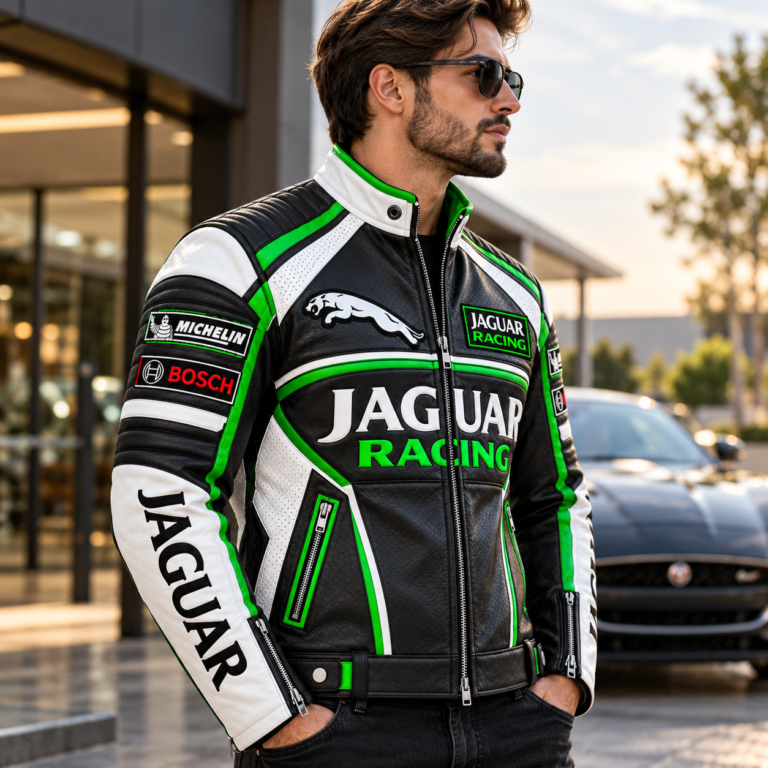 Jaguar Racing Black White Green Leather Motorcycle Jacket | Blackstone Jackets