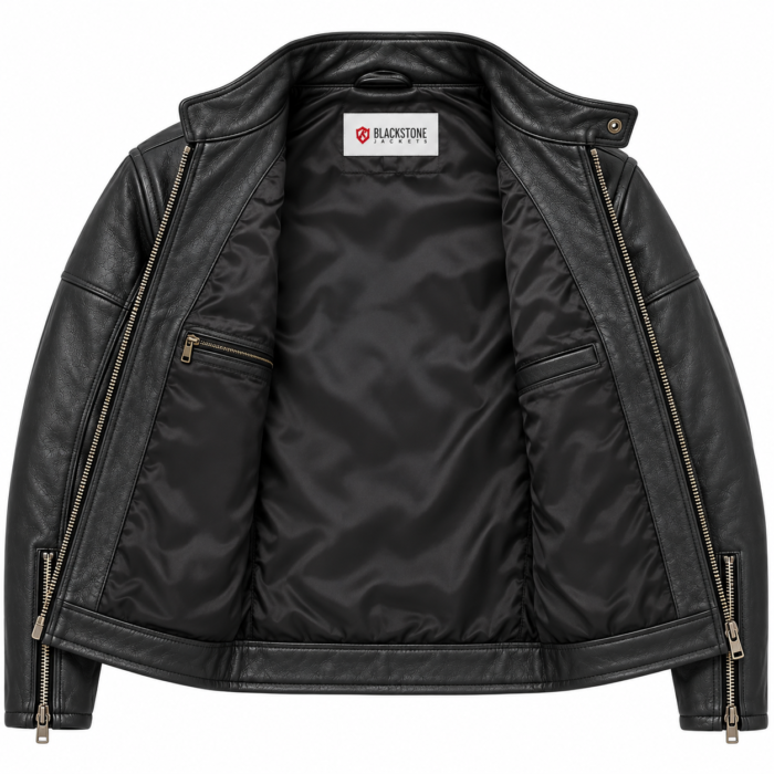 Jaguar Black Leather Cafe Racer Jacket with Logo Design | Blackstone Jackets