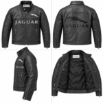 Jaguar Black Leather Cafe Racer Jacket with Logo Design | Blackstone Jackets