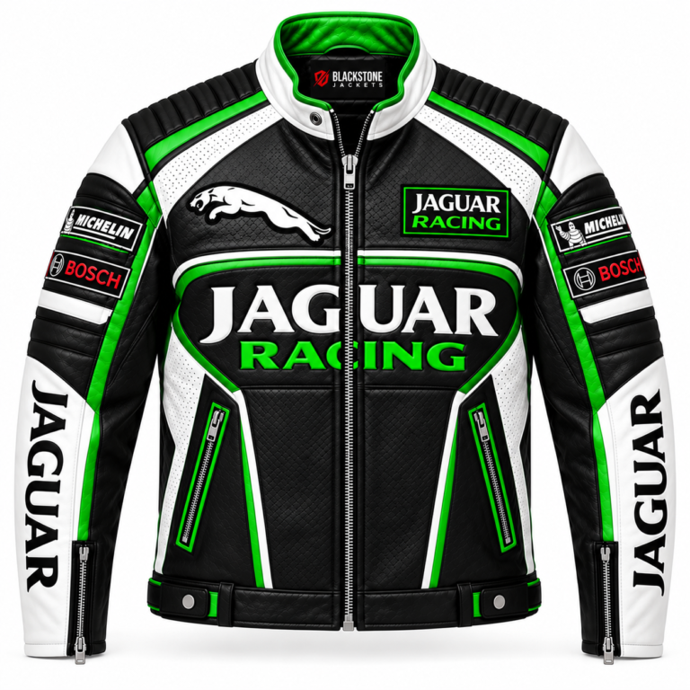 Jaguar Racing Black White Green Leather Motorcycle Jacket | Blackstone Jackets