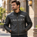 Jaguar Black Leather Cafe Racer Jacket with Logo Design | Blackstone Jackets