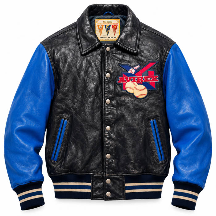 Avirex ULBAward Black and Blue Baseball Varsity Leather Bomber Jacket | Blackstone Jackets