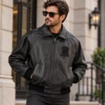 Avirex USA Black Leather Bomber Jacket with Embroidered Patches | Blackstone Jackets