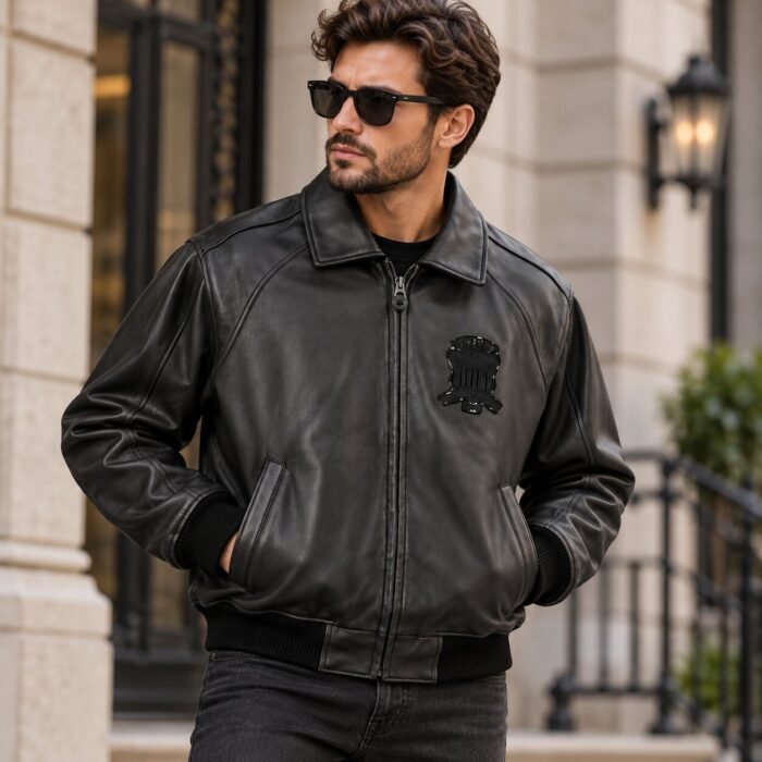 Avirex USA Black Leather Bomber Jacket with Embroidered Patches | Blackstone Jackets