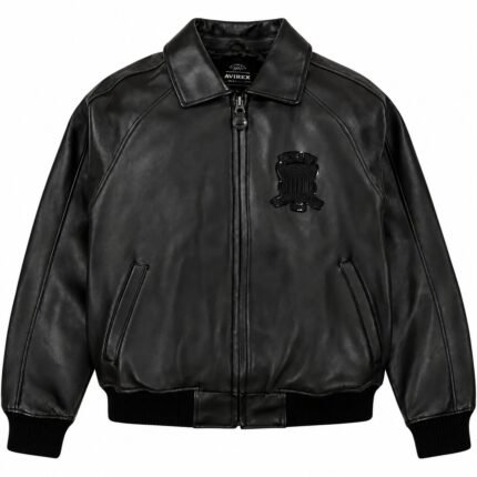 Avirex USA Black Leather Bomber Jacket with Embroidered Patches | Blackstone Jackets