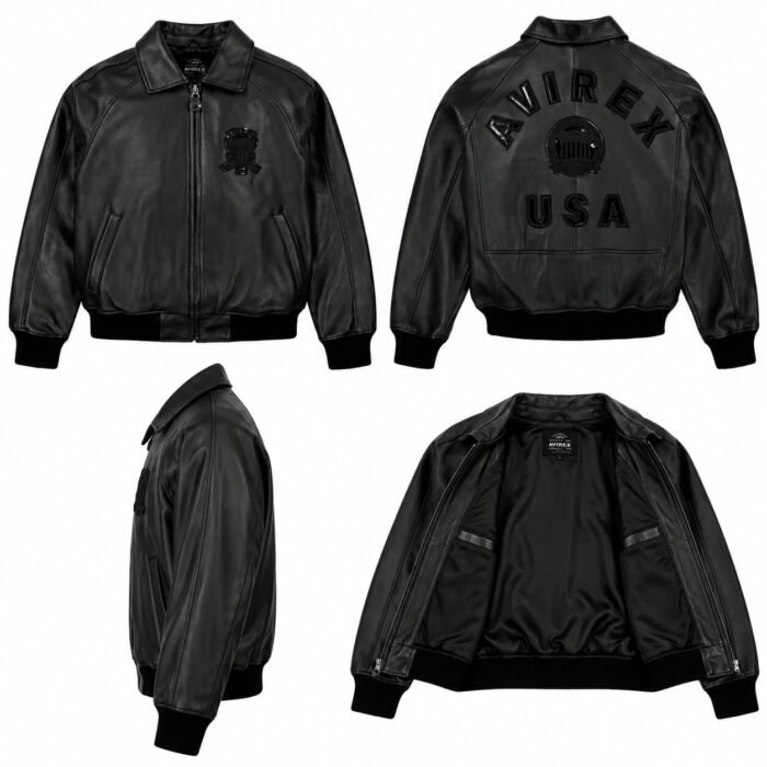 Avirex USA Black Leather Bomber Jacket with Embroidered Patches | Blackstone Jackets