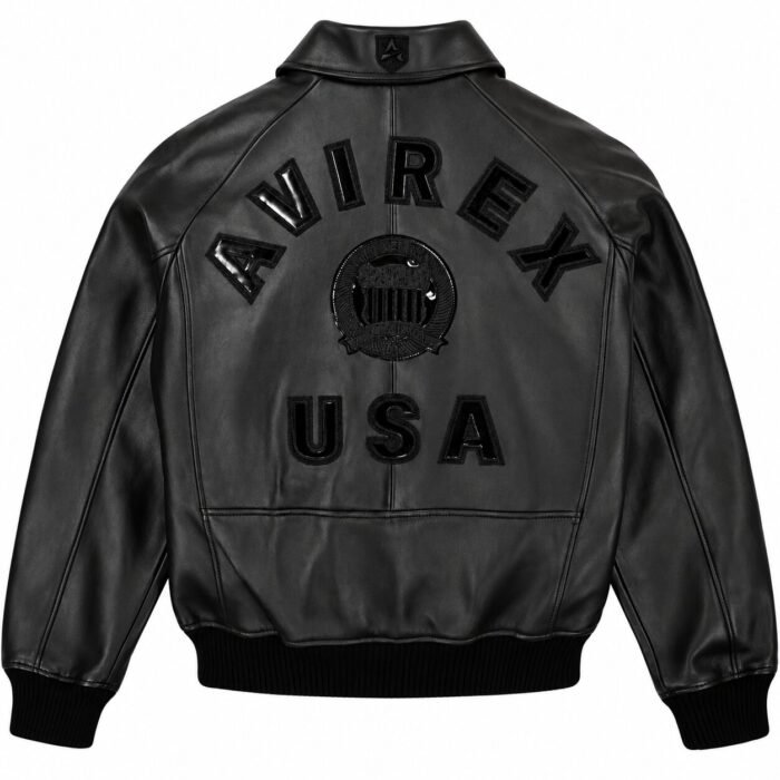 Avirex USA Black Leather Bomber Jacket with Embroidered Patches | Blackstone Jackets