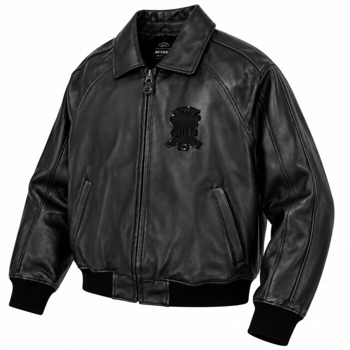 Avirex USA Black Leather Bomber Jacket with Embroidered Patches | Blackstone Jackets