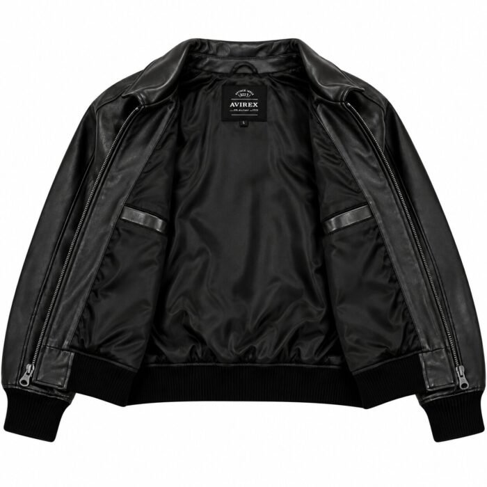 Avirex USA Black Leather Bomber Jacket with Embroidered Patches | Blackstone Jackets