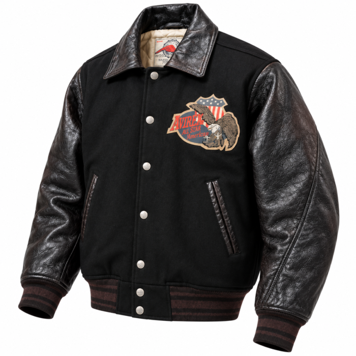 Avirex All Star American Black Wool and Leather Varsity Bomber Jacket | Blackstone Jackets