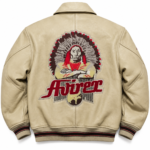 Avirex Cream Leather Varsity Bomber Jacket with Chief Back Patch | Blackstone Jackets