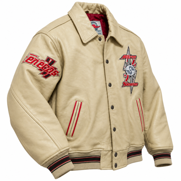 Avirex Cream Leather Varsity Bomber Jacket with Chief Back Patch | Blackstone Jackets
