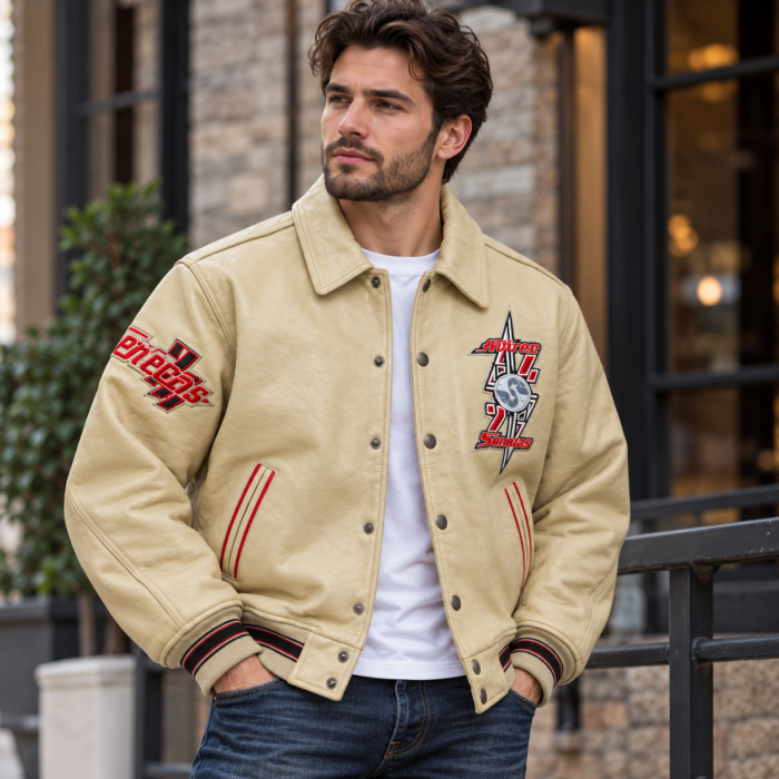 Avirex Cream Leather Varsity Bomber Jacket with Chief Back Patch | Blackstone Jackets