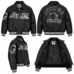 Avirex Black Aces Black Leather Varsity Bomber Jacket | Blackstone Jackets