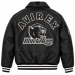 Avirex Black Aces Black Leather Varsity Bomber Jacket | Blackstone Jackets