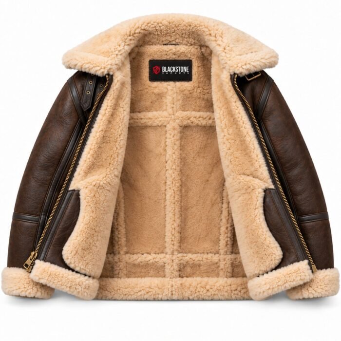 Aero Seal Brown With Cream Shearling Men's B-3 Shearling Flight Leather Jacket | Blackstone Jackets