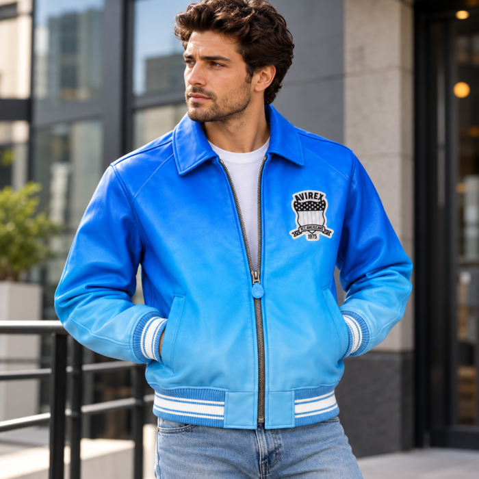 Avirex Blue Ombre Leather Bomber Jacket with USA Back Logo | Blackstone Jackets