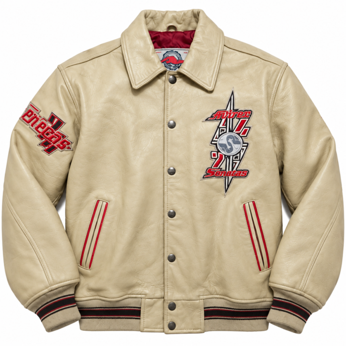 Avirex Cream Leather Varsity Bomber Jacket with Chief Back Patch | Blackstone Jackets Avirex Cream Leather Varsity Bomber Jacket with Chief Back Patch | Blackstone Jackets