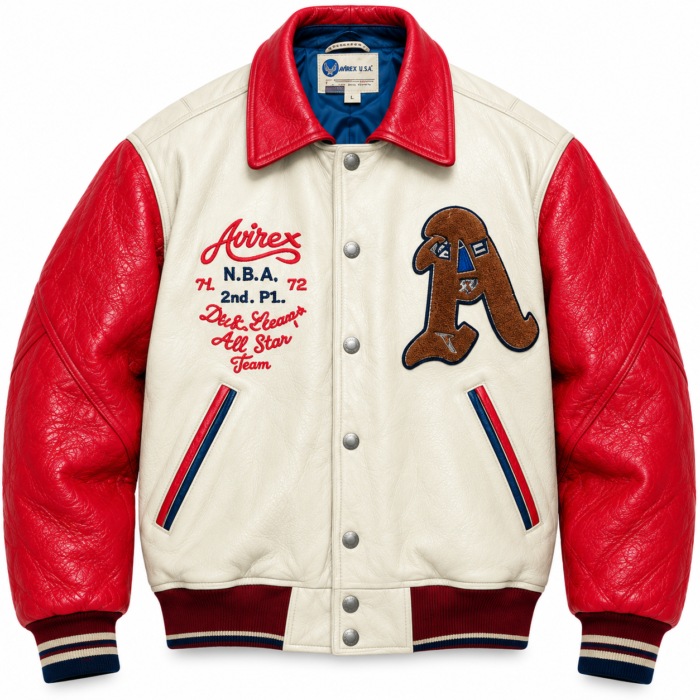 Avirex USA NBA All Star Cream and Red Varsity Bomber Jacket | Blackstone Jackets