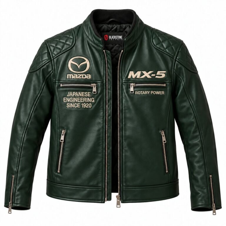 Handmade Mazda MX-5 Green Leather Jacket | Men's Motorsport Racing Jacket | Blackstone Jackets